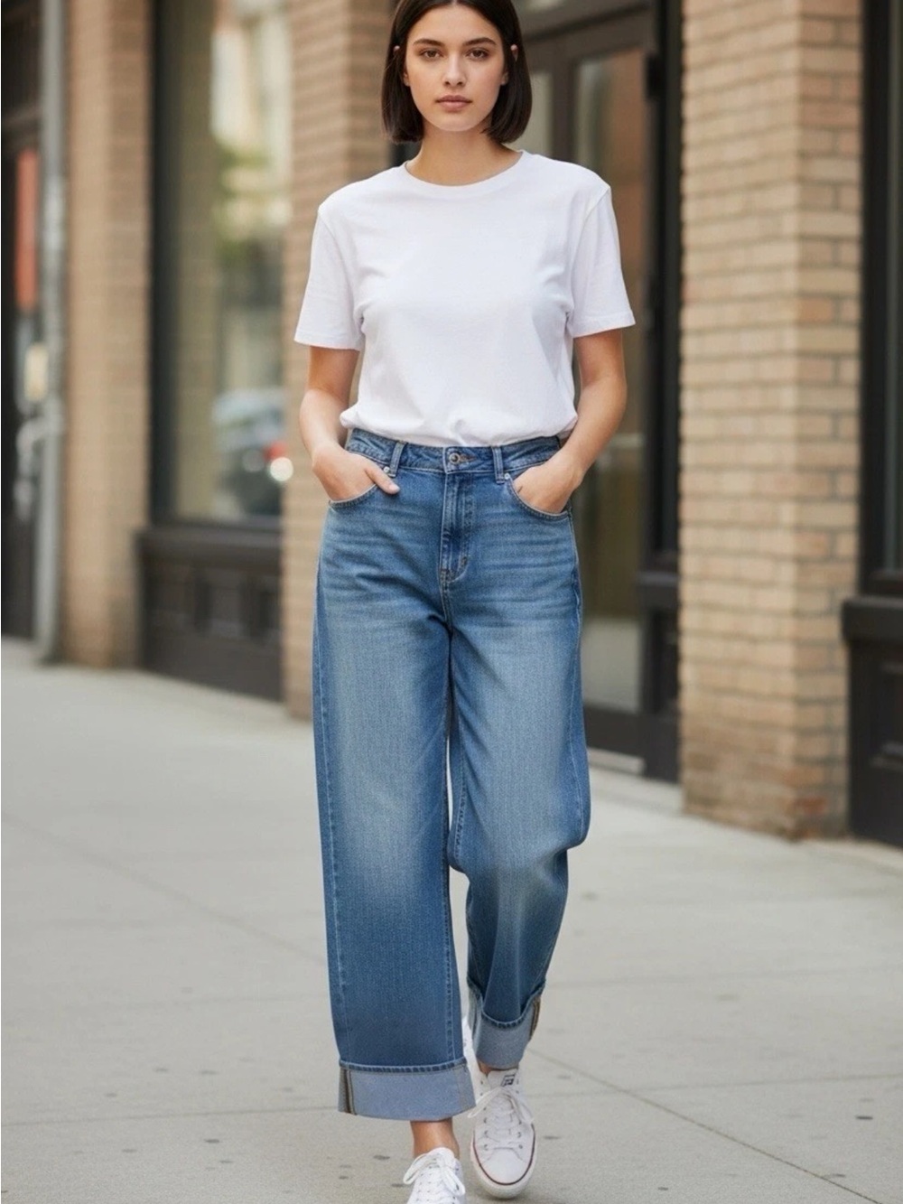Halara Womens Wide Leg Cuffed Hem Jeans Medium Wash High Rise Blue Denim XLT